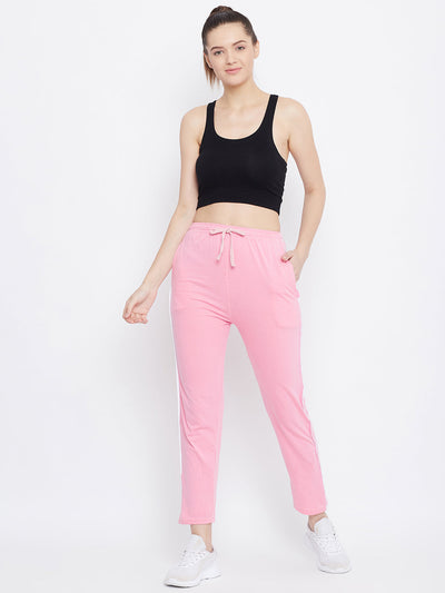 Baby pink straight fit trackpants for women, light and comfortable hose fabric.