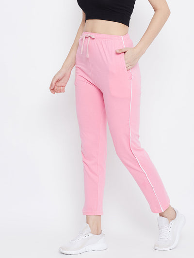 Baby Pink Straight Fit Trackpants for women, lightweight hosery fabric.