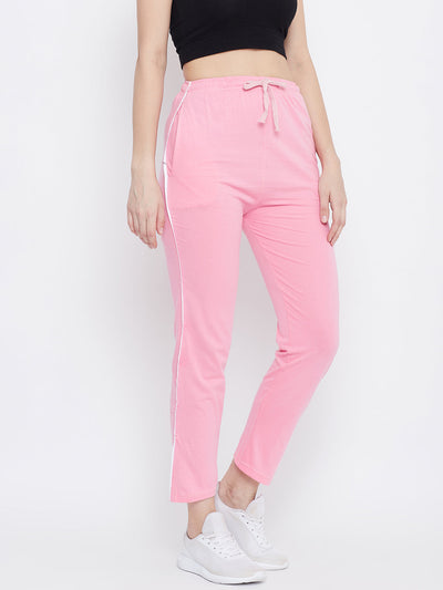 Baby Pink Straight Fit Trackpants for women in lightweight hosiery fabric, casual style.