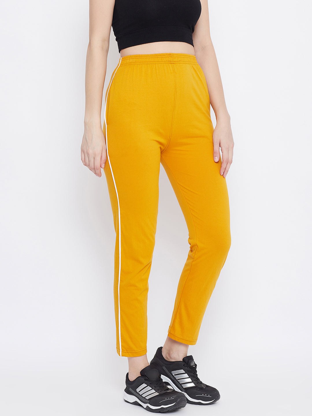 Mustard Straight Fit Trackpants for women, lightweight hosiery fabric.