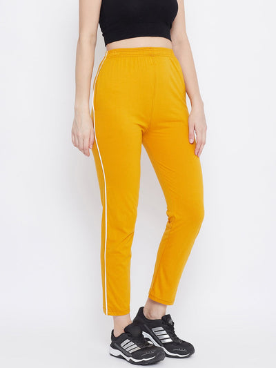 Mustard Straight Fit Trackpants for women, lightweight hosiery fabric.