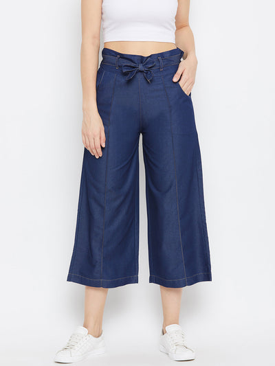 Navy Blue Belted Denim Trouser