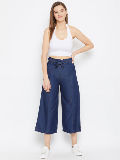 Navy Blue Belted Denim Trouser