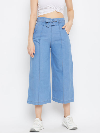 Light blue belted denim trouser for women.