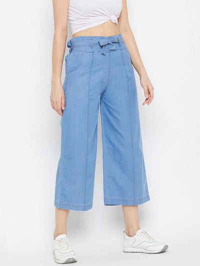Light blue belted denim trouser for women, lightweight and comfortable.