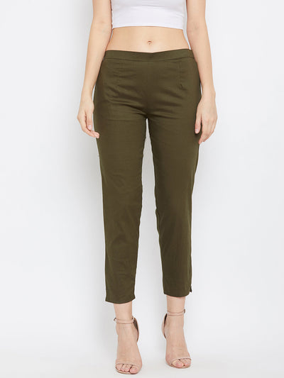 Olive Regular Fit Solid Pants