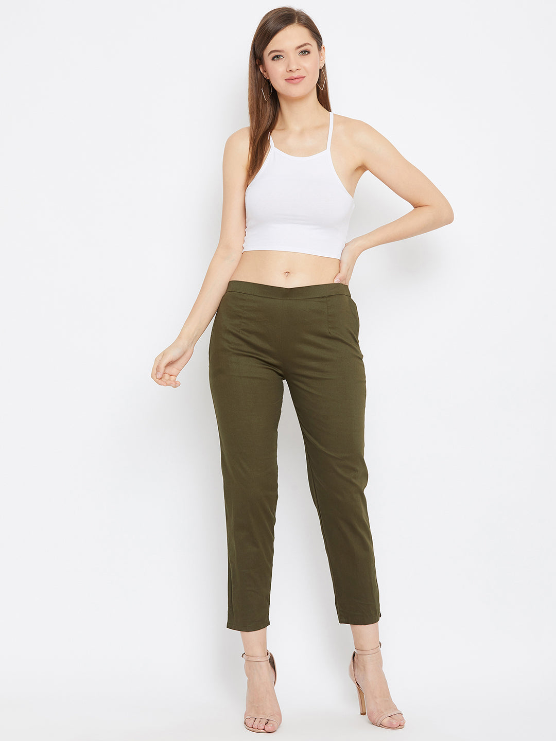 Olive Regular Fit Solid Pants