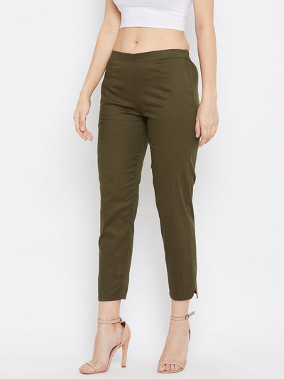 Clora Olive Regular Fit Solid Pants