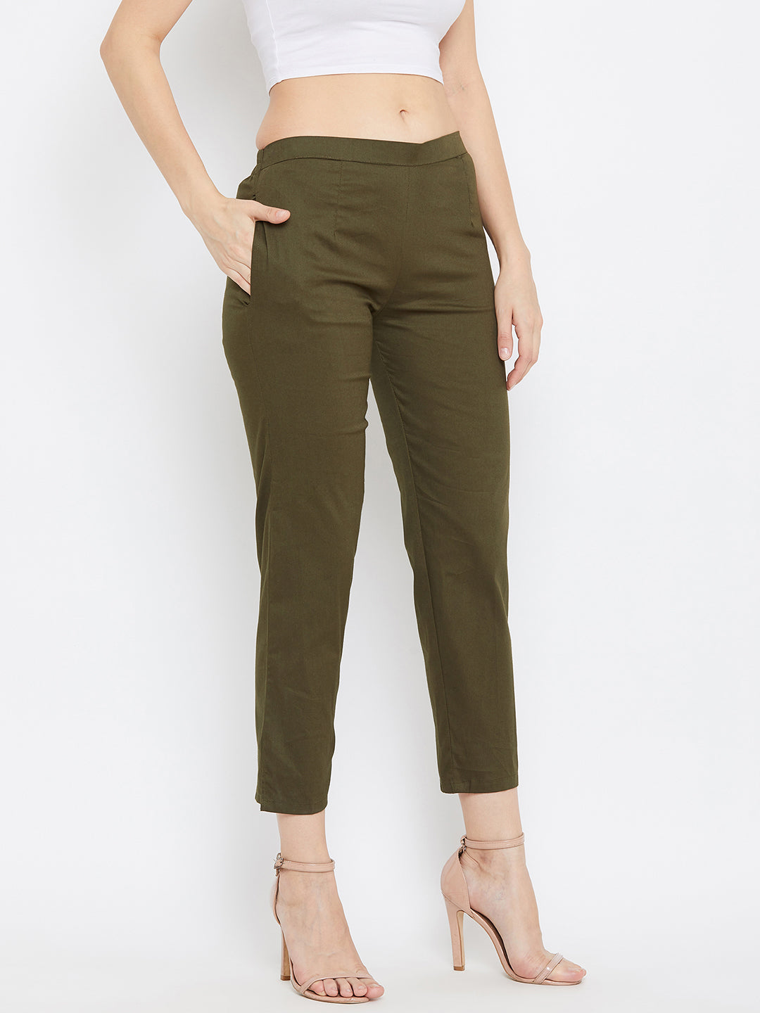 Clora Olive Regular Fit Solid Pants