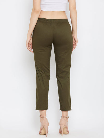 Clora Olive Regular Fit Solid Pants