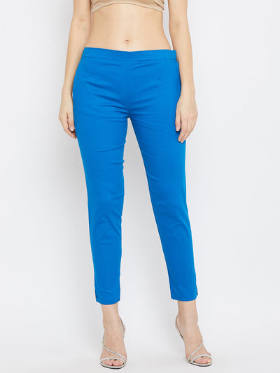 Royal blue regular fit solid pants for women, made from comfortable cotton fabric.