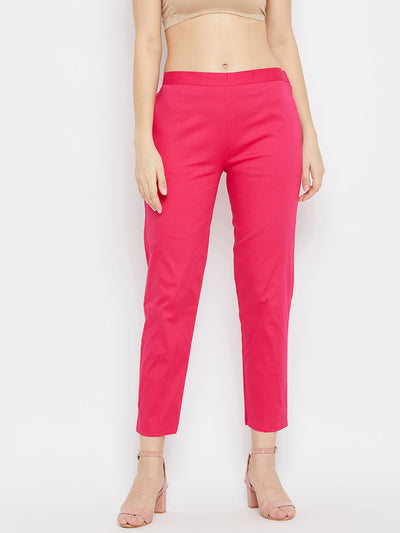Magenta regular fit solid pants for women, cotton fabric.