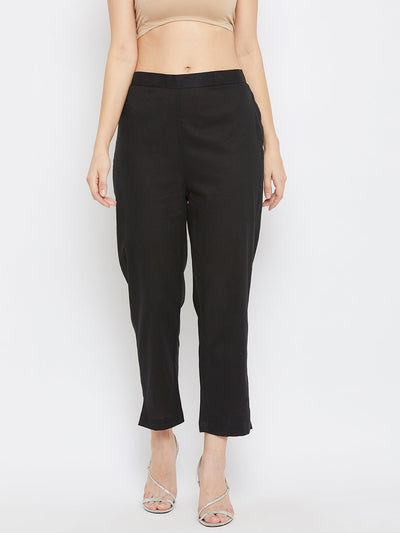 Black regular fit solid pants for women, lightweight cotton fabric.