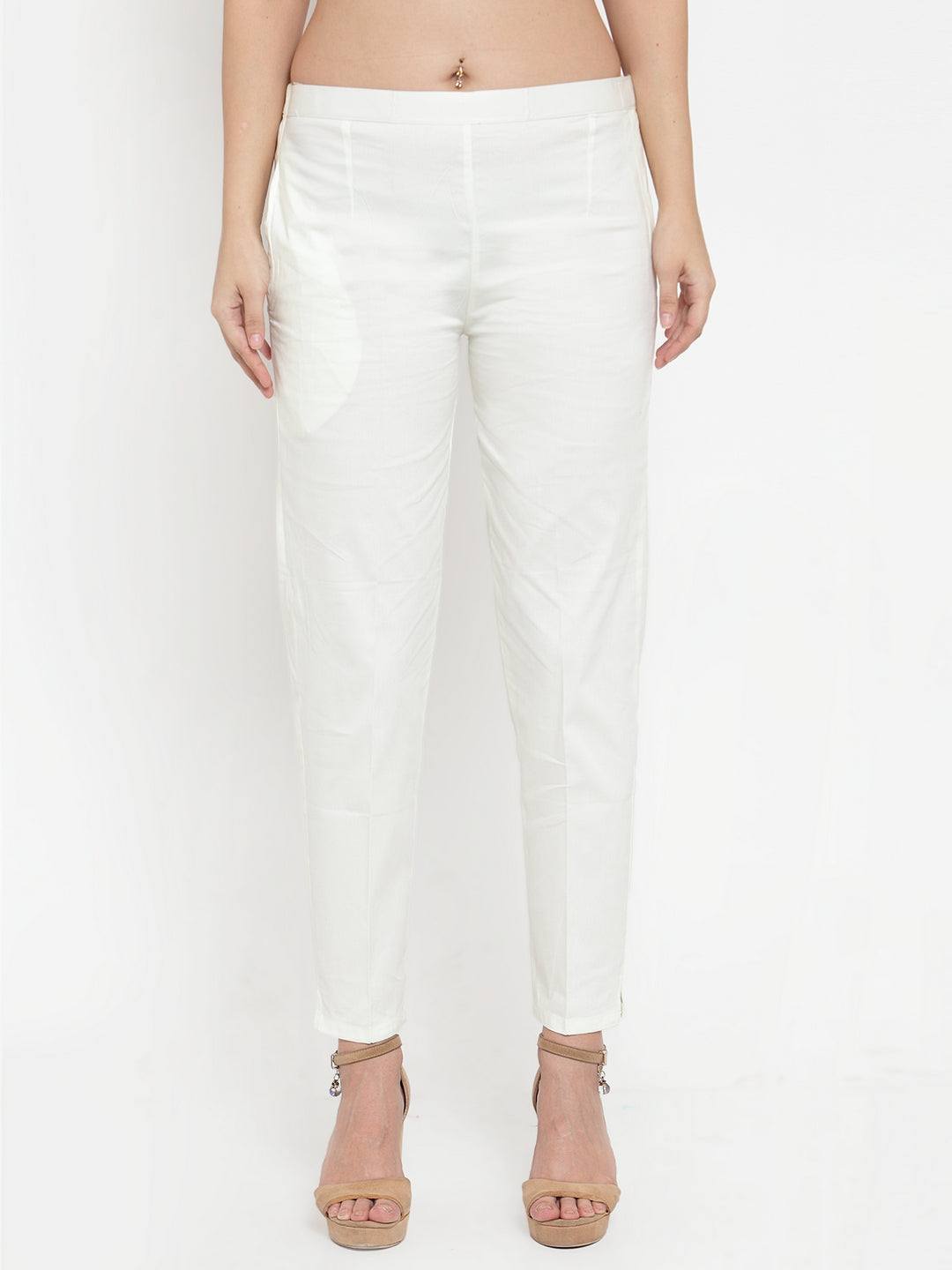 Off-White regular fit solid pants for women, made from cotton.
