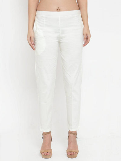 Off-White regular fit solid pants for women, made from cotton.