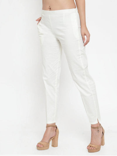 Off-White regular fit solid pants for women, cotton fabric.