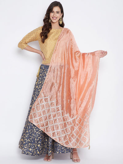 Peach Embellished Dupatta made from Silk Blend - Clora Creation