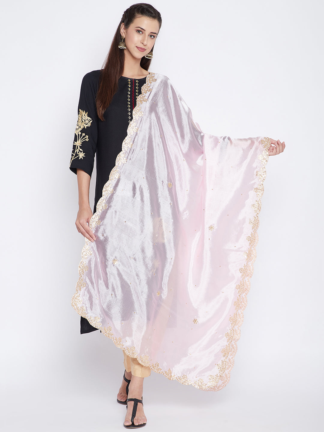 Baby Pink Gotta Patti Silk Dupatta with intricate design, styled with ethnic wear.
