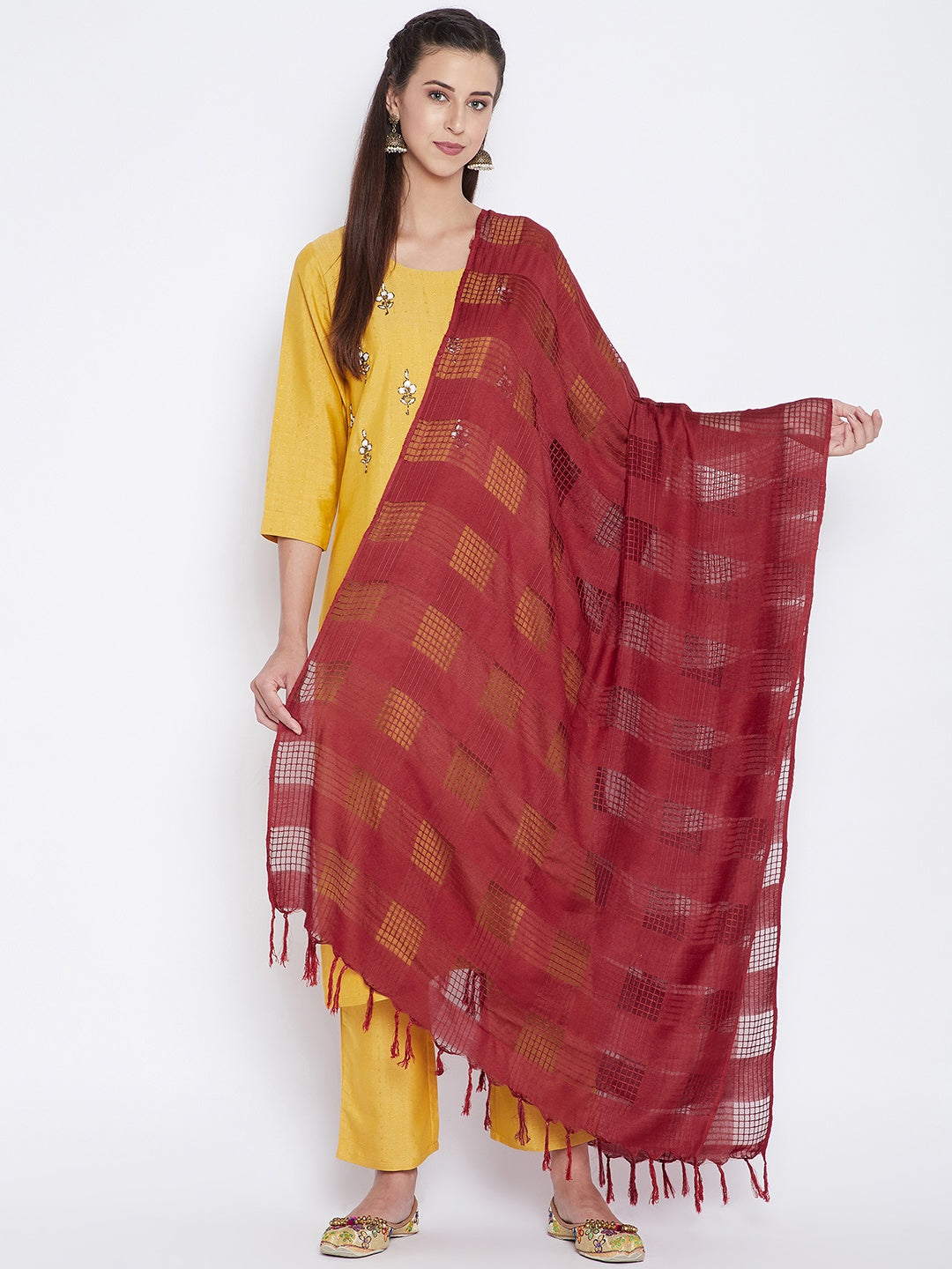 Clora Maroon Check Solid Dupatta