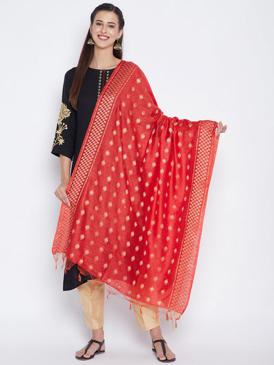 Red self-design cotton dupatta styled for ethnic wear.