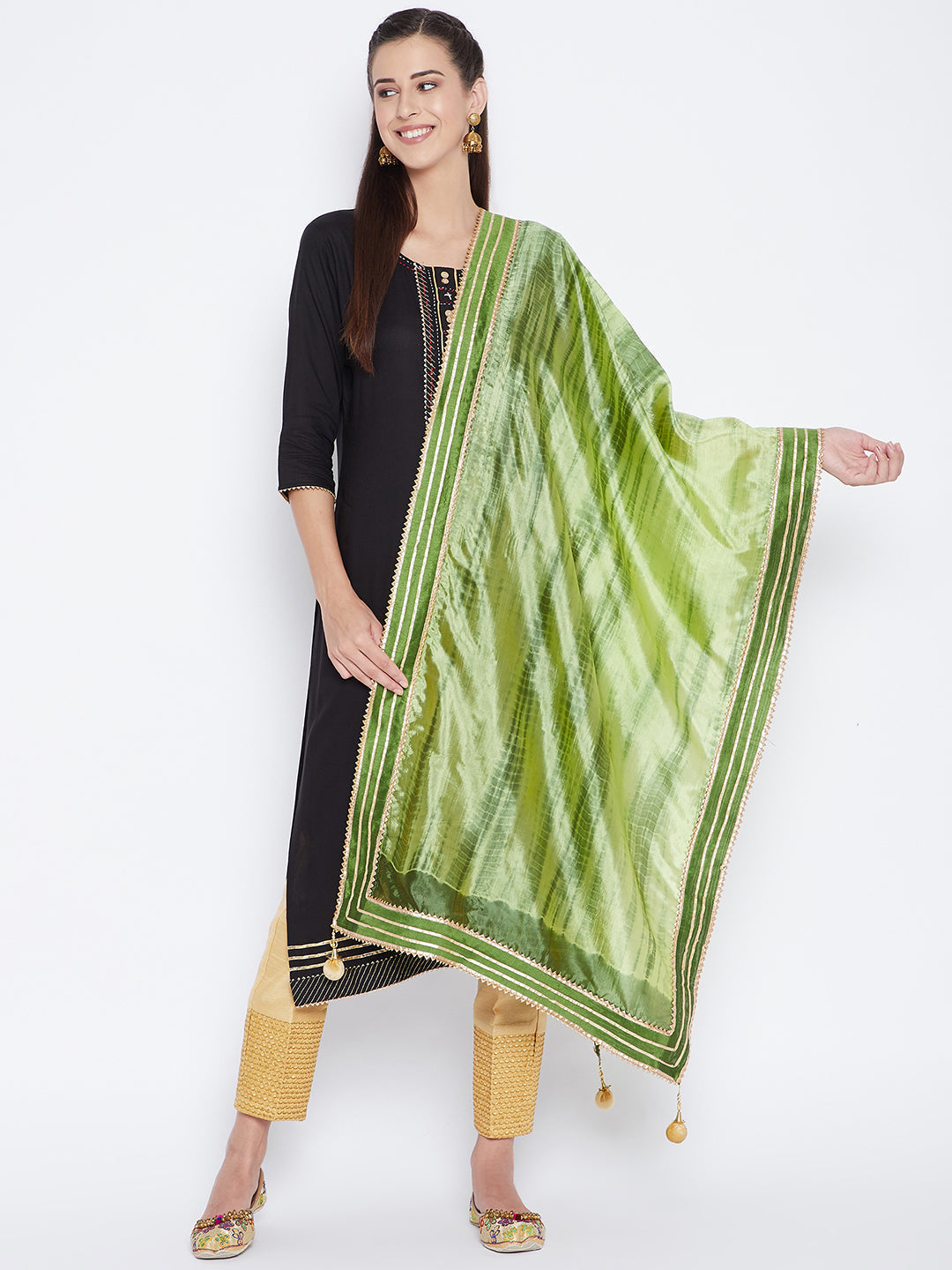 Green Tie & Dye Gotta Patti Dupatta styled with kurta palazzo set for elegant ethnic look.