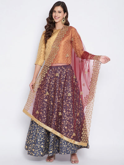 Clora Maroon Embellished Silk Dupatta