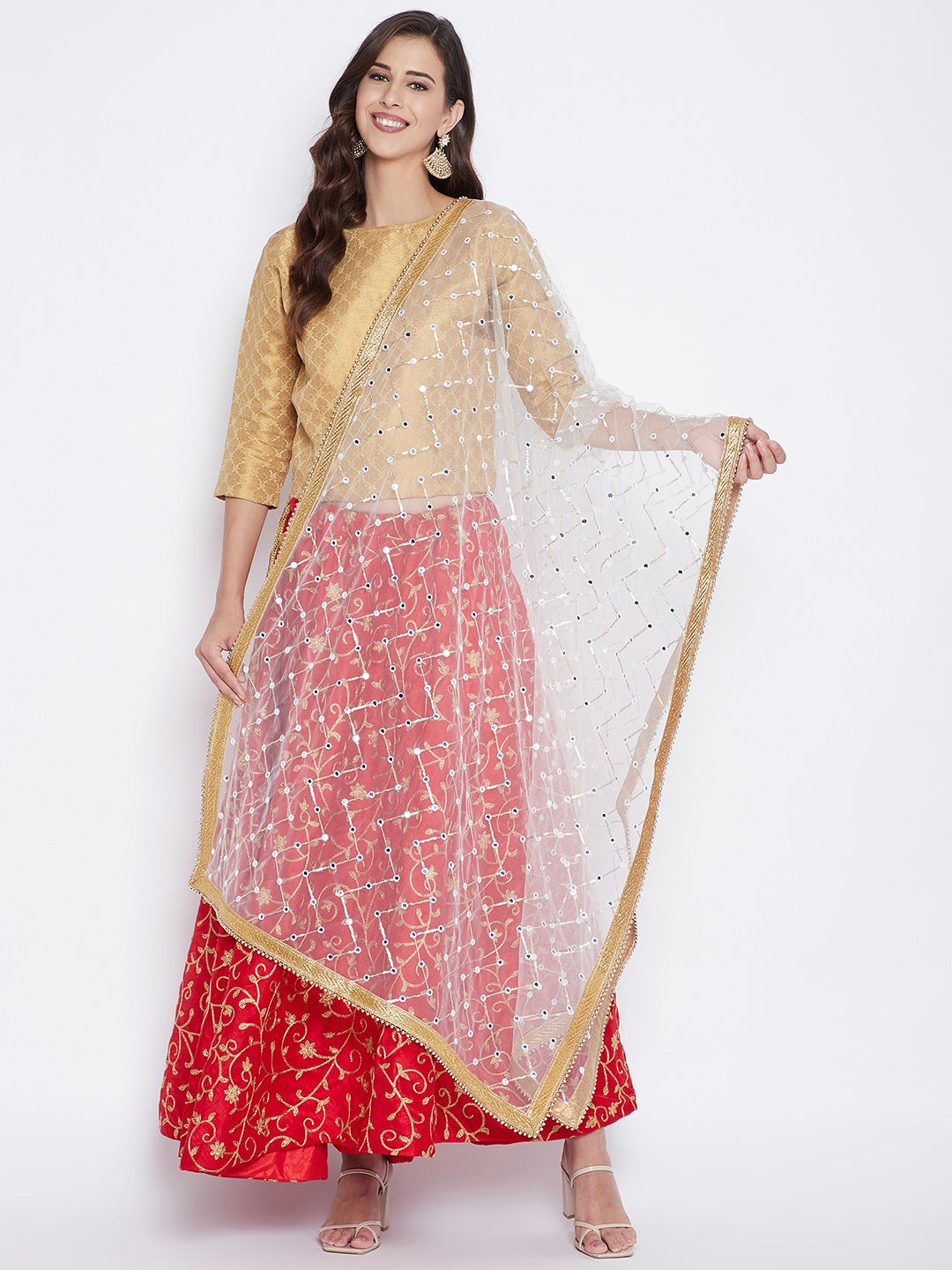 White Mirror Work Net Dupatta styled with ethnic outfit.