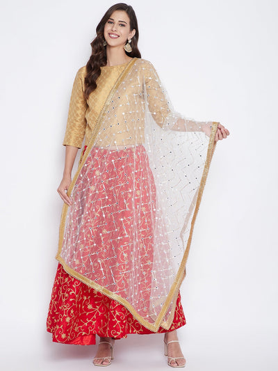 White Mirror Work Net Dupatta styled with ethnic outfit.