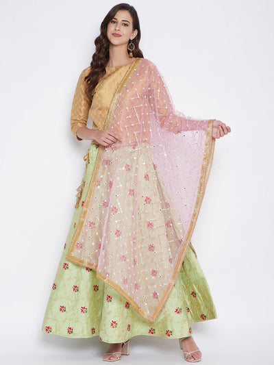 Pink Mirror Work Net Dupatta