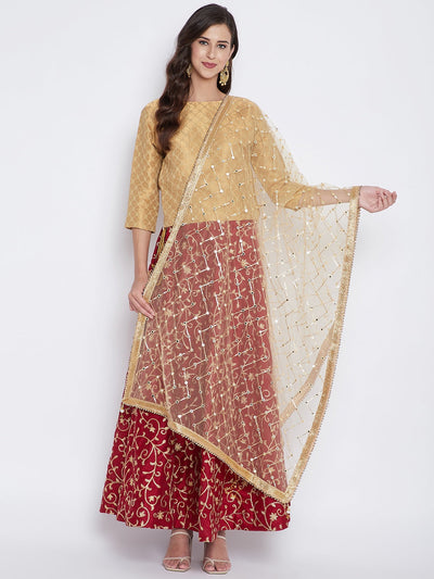 Golden Mirror Work Net Dupatta styled with a kurta palazzo set for elegance.