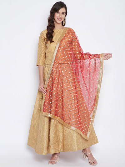 Red Mirror Work Net Dupatta styled with a gold kurta palazzo set.
