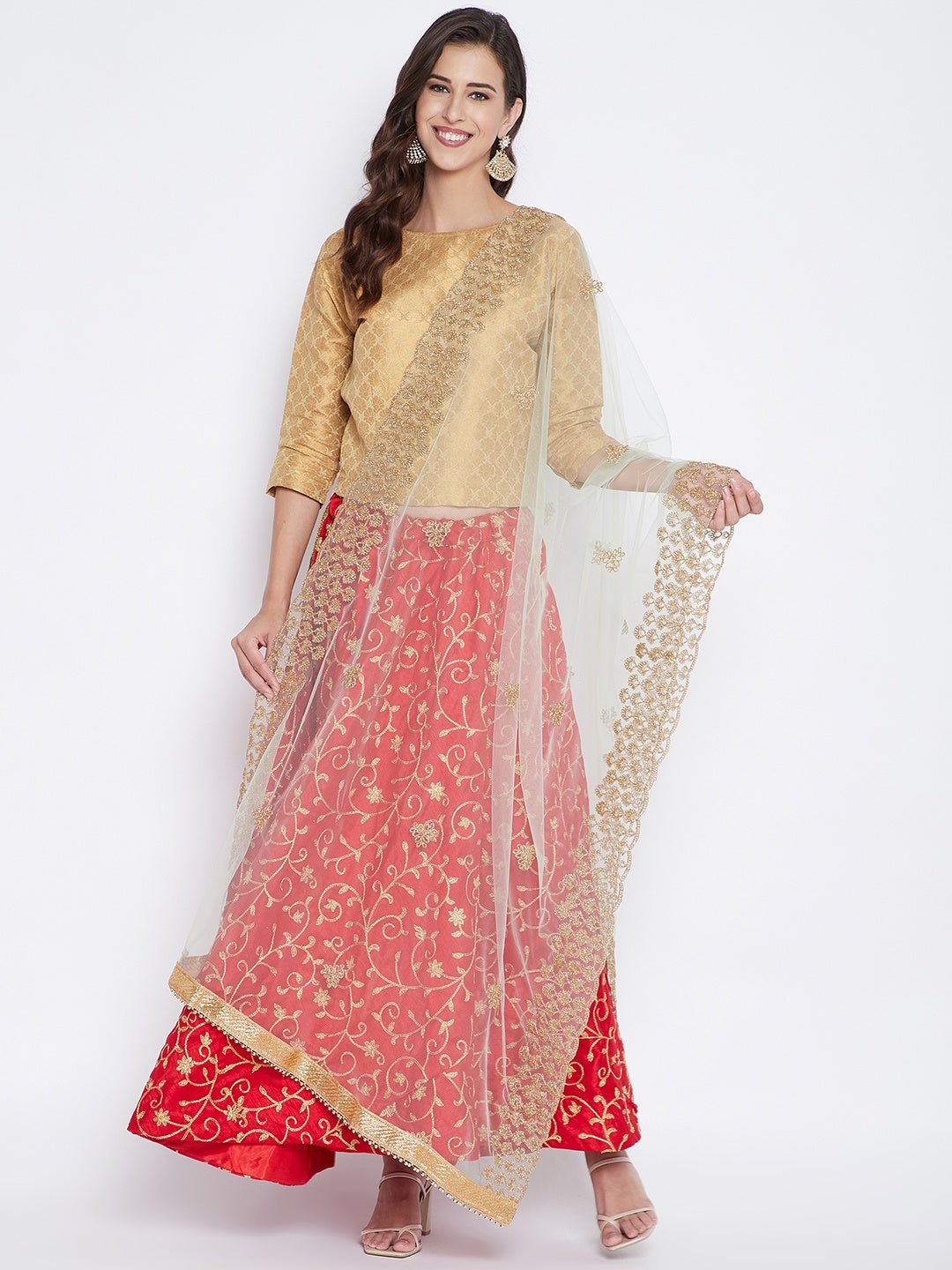 Golden Embellished Net Dupatta styled with ethnic attire.