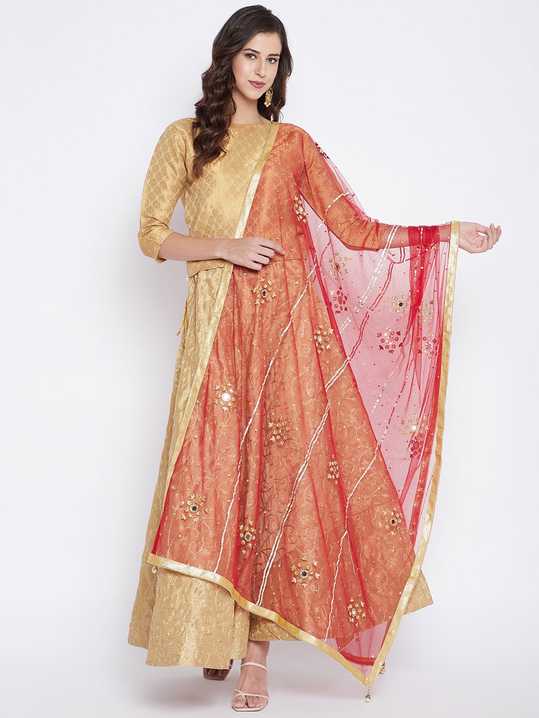 Maroon Mirror Work Net Dupatta