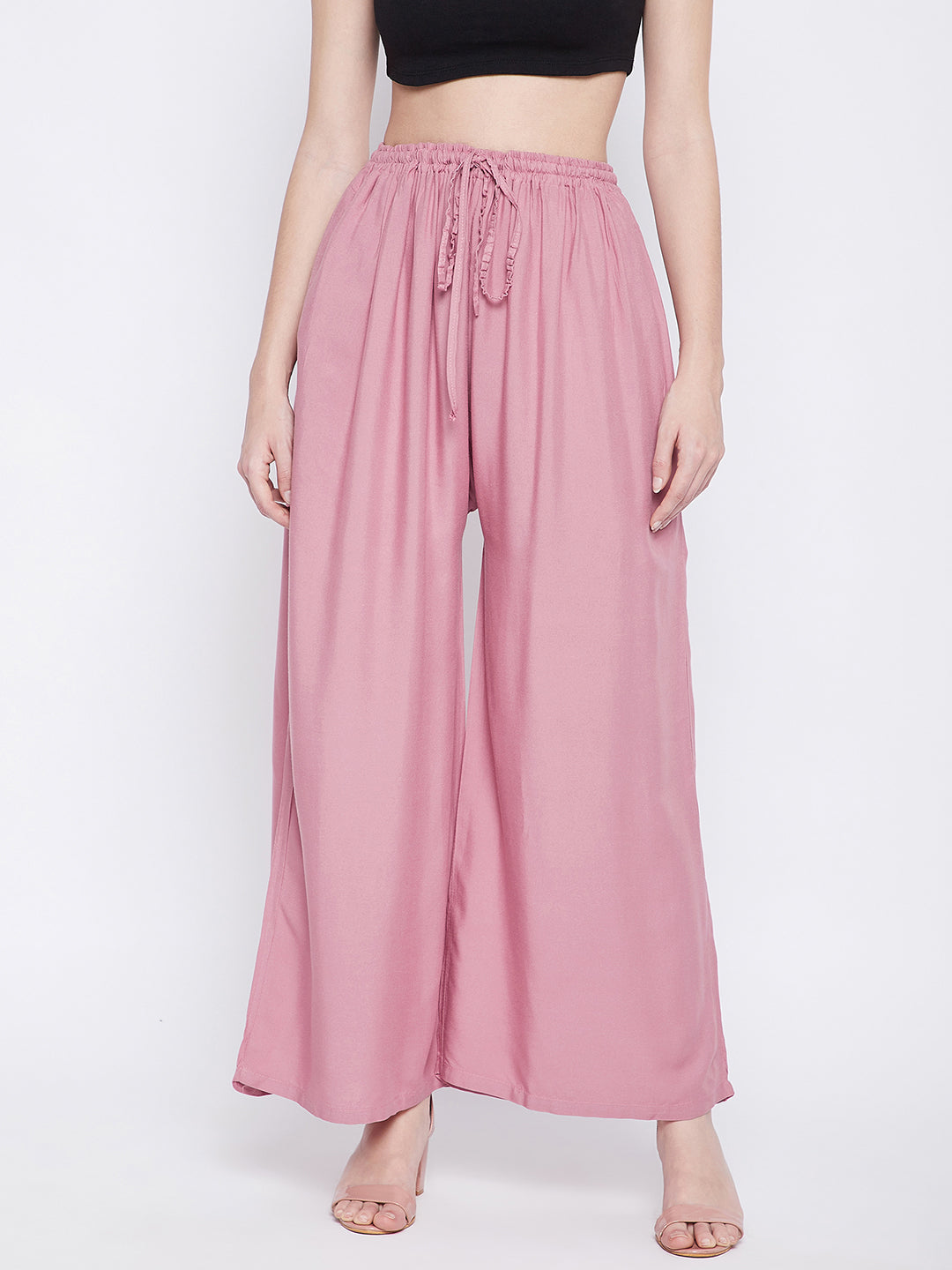 Light pink solid rayon sharara, lightweight and comfortable for all-day wear.