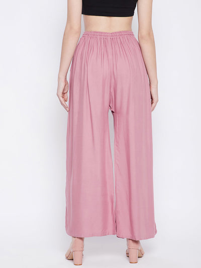 Light pink solid rayon sharara with elastic waistband, lightweight and comfortable fit.