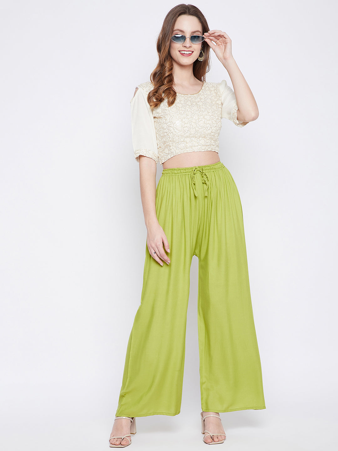 Clora Parrot Green Solid Rayon Palazzo