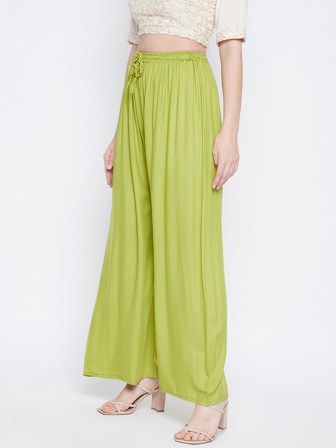 Clora Parrot Green Solid Rayon Palazzo