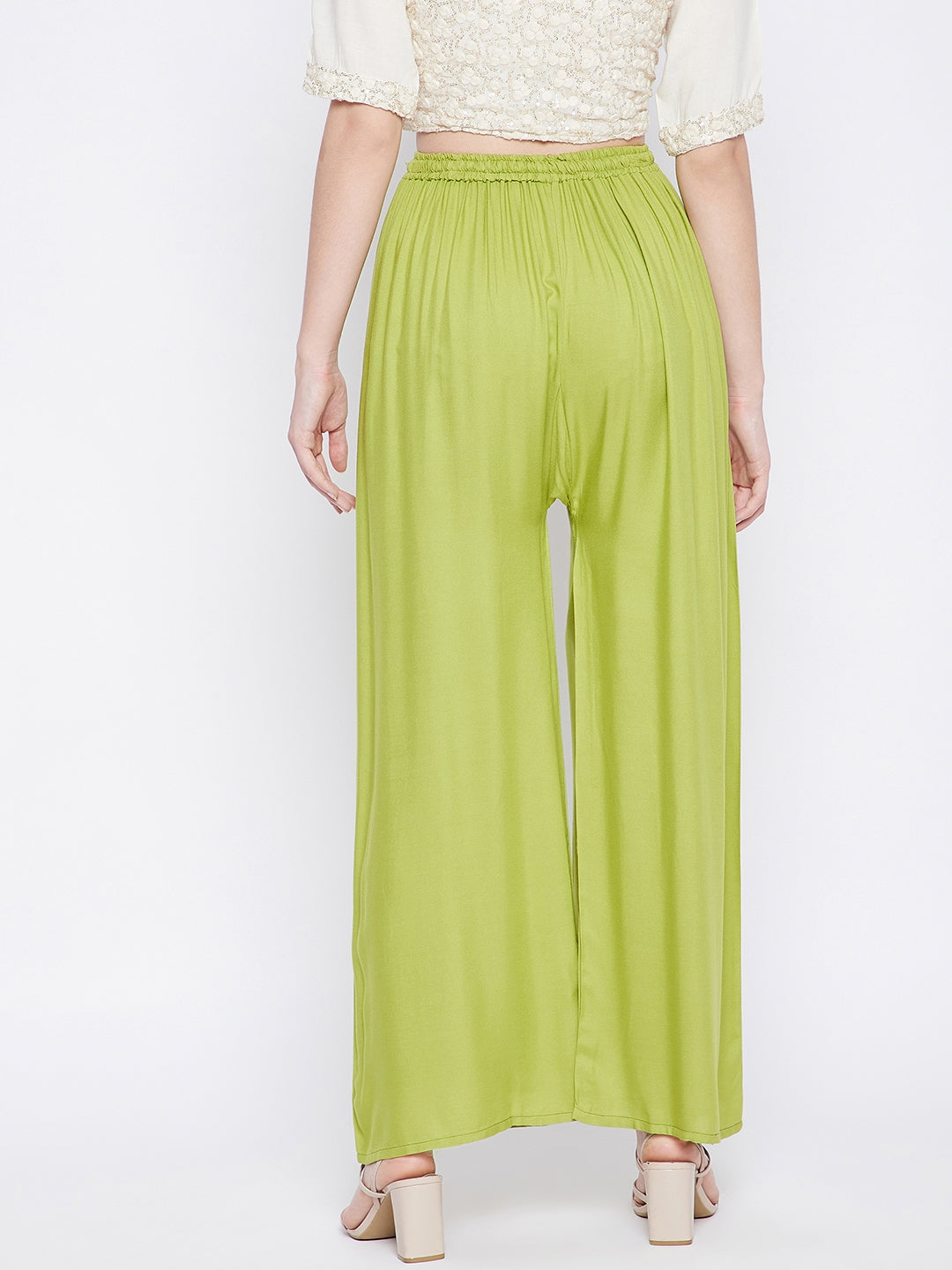 Clora Parrot Green Solid Rayon Palazzo