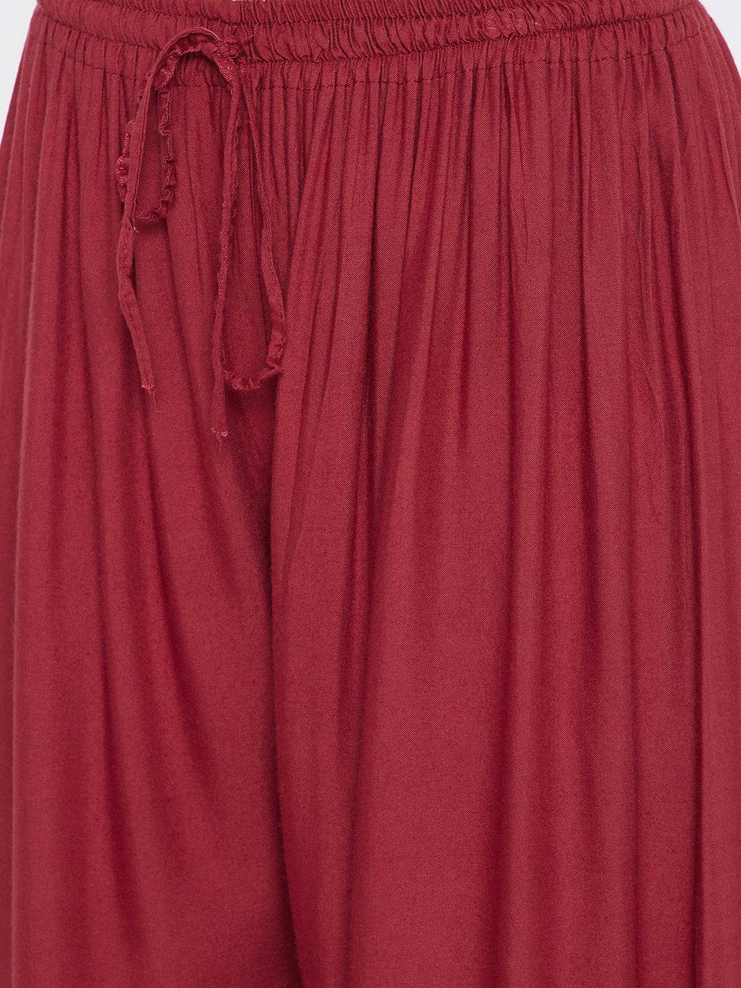 Rust solid rayon palazzo with drawstring waist, lightweight and comfortable.