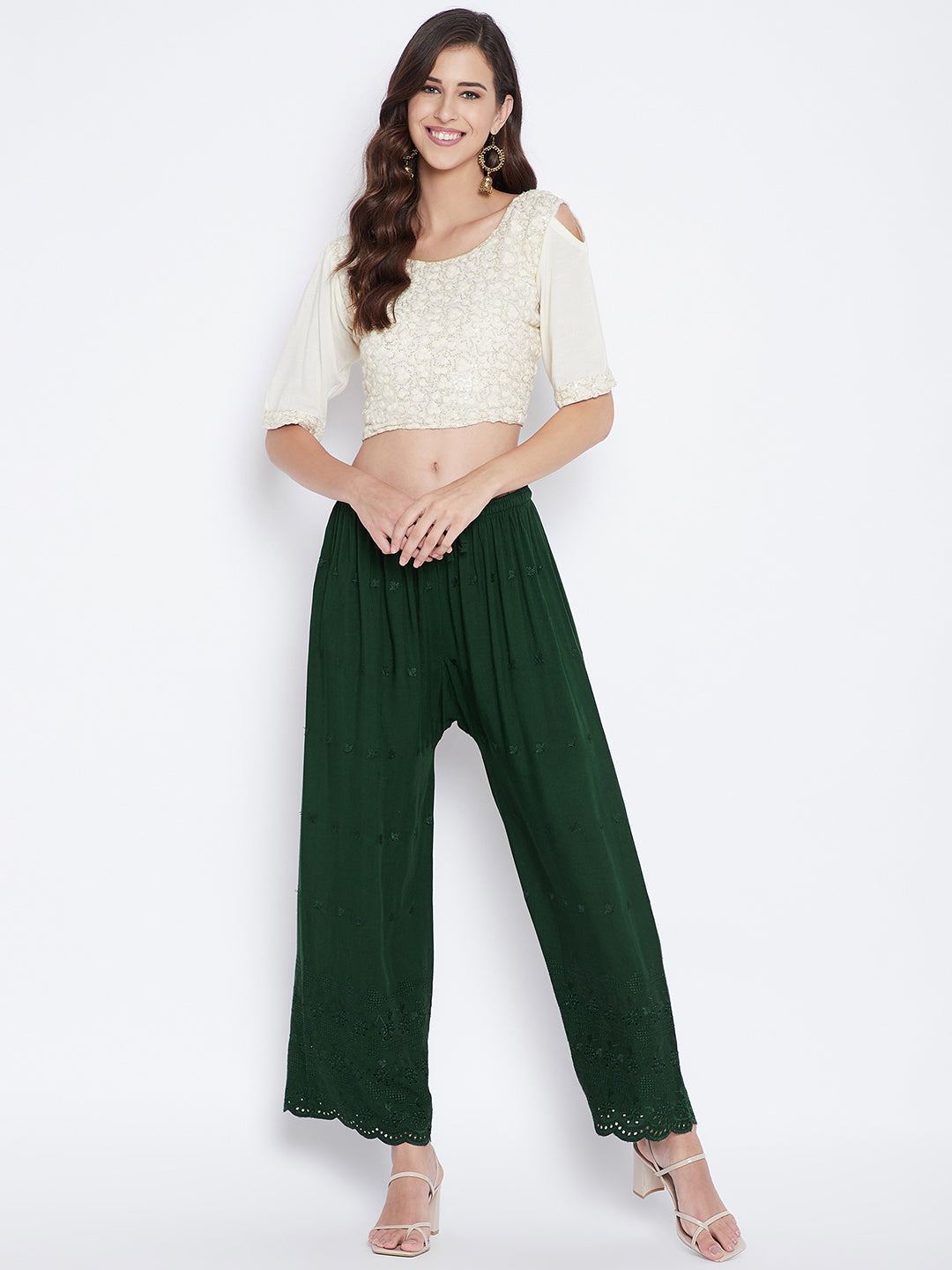 Clora Bottle Green Solid Rayon Palazzo