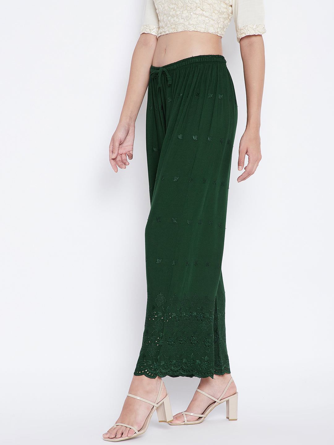 Clora Bottle Green Solid Rayon Palazzo