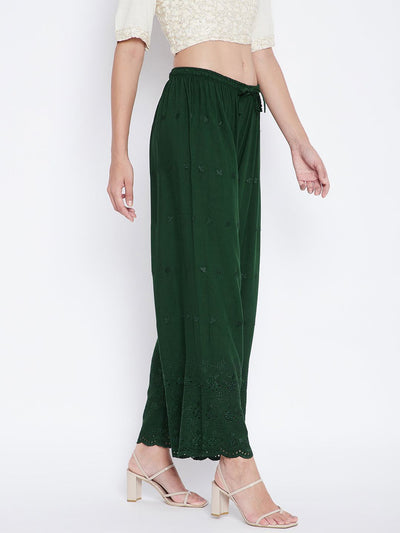 Bottle Green Solid Rayon Palazzo