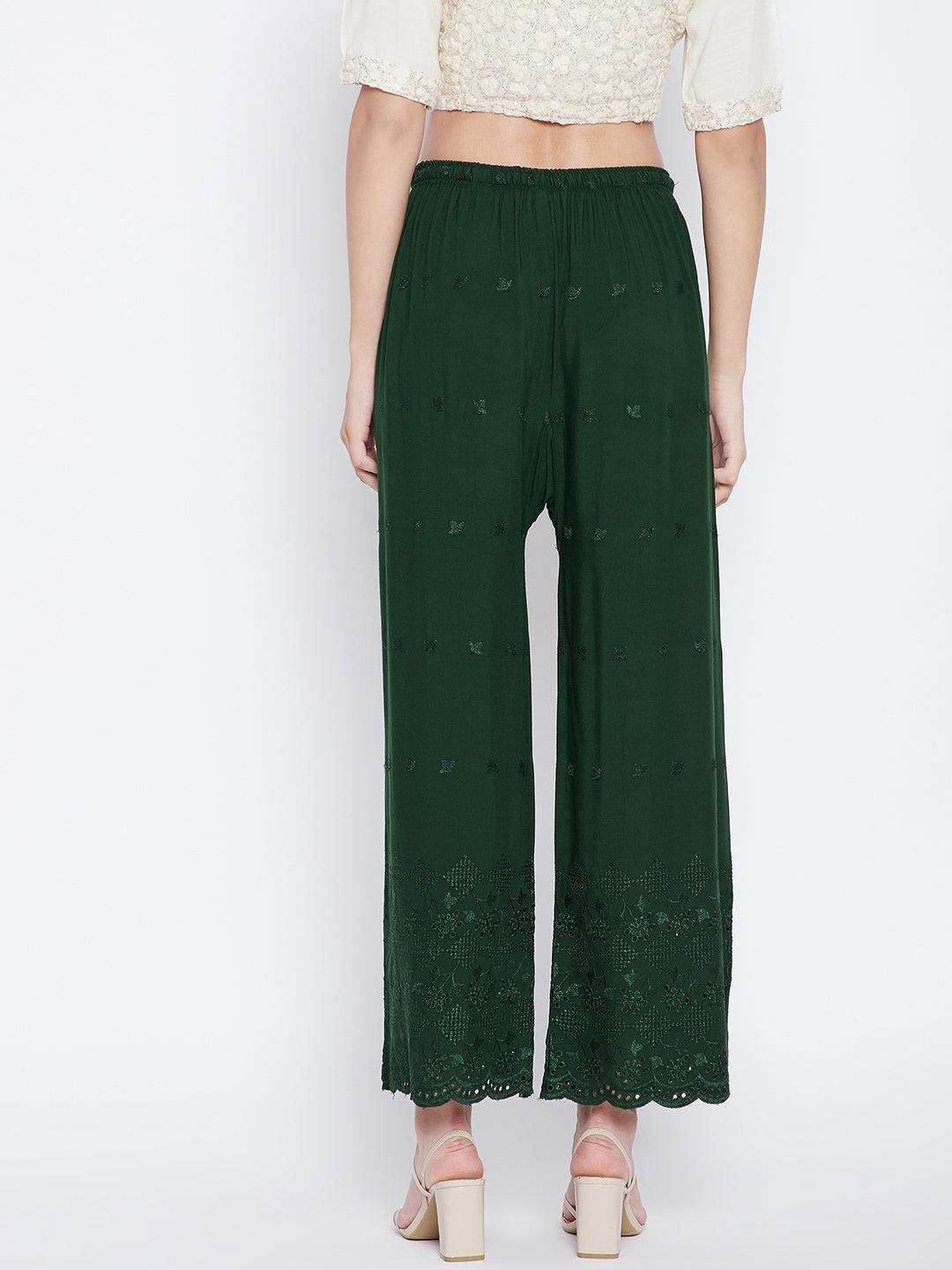 Clora Bottle Green Solid Rayon Palazzo