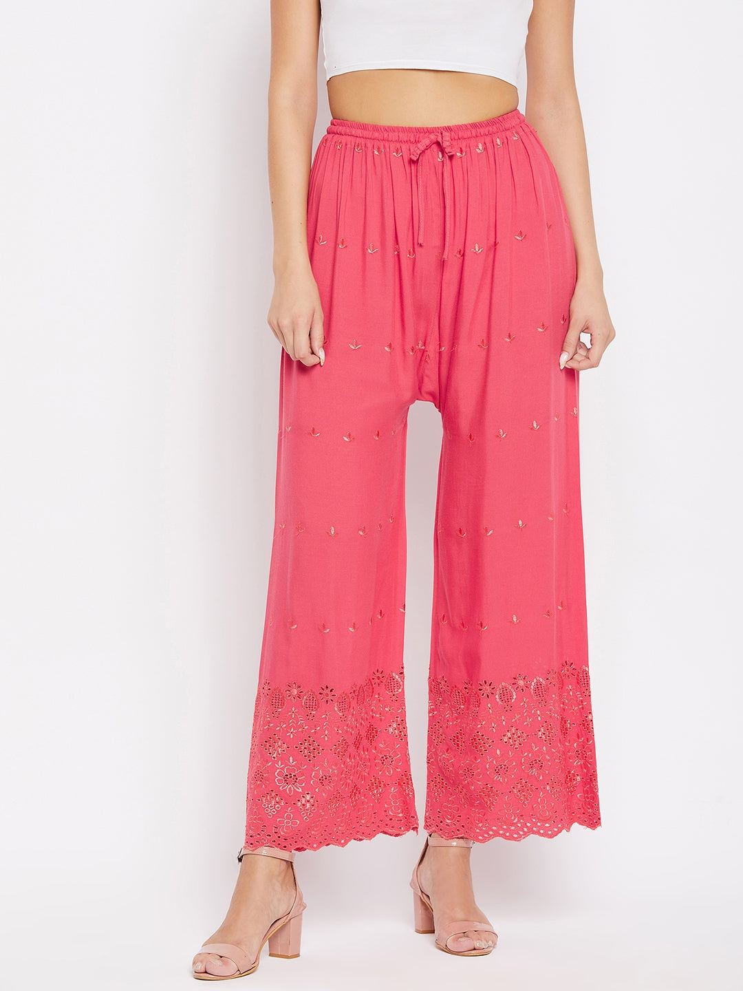 Peach solid rayon palazzo with chikankari design, lightweight and comfortable for all-day wear.