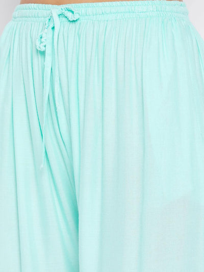Sky Blue Solid Rayon Sharara with elastic waistband and light fabric.