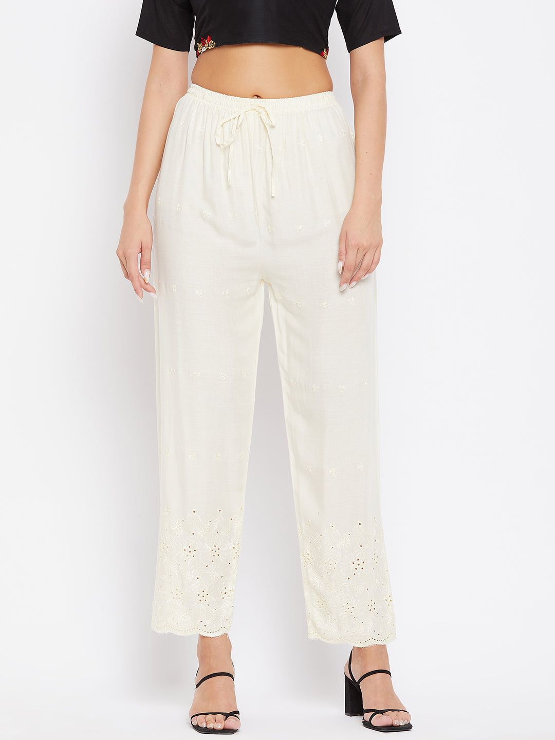 Cream Chikankari Rayon Palazzo