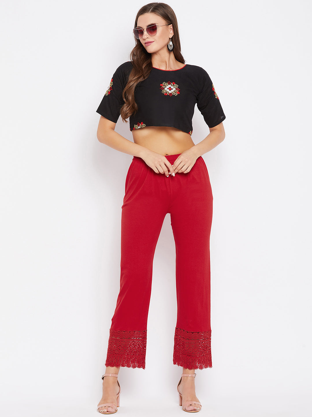 Clora Red Solid Straight Palazzo