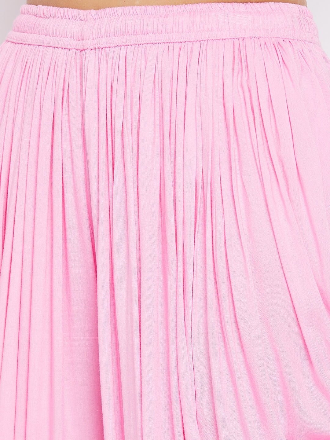 Pink Rayon Dhoti Salwar with elasticated waistband and solid pattern.