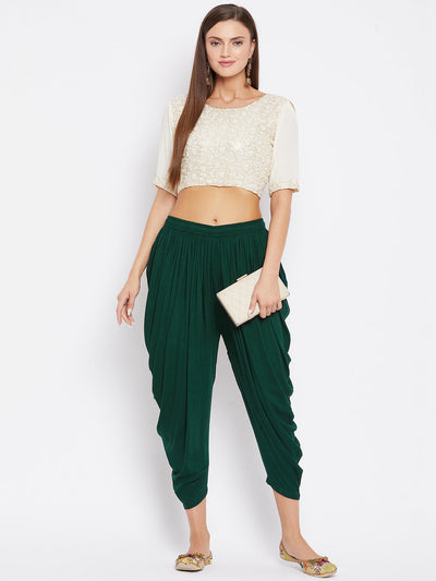 Bottle Green Rayon Dhoti Salwar with elasticated waistband and solid pattern.
