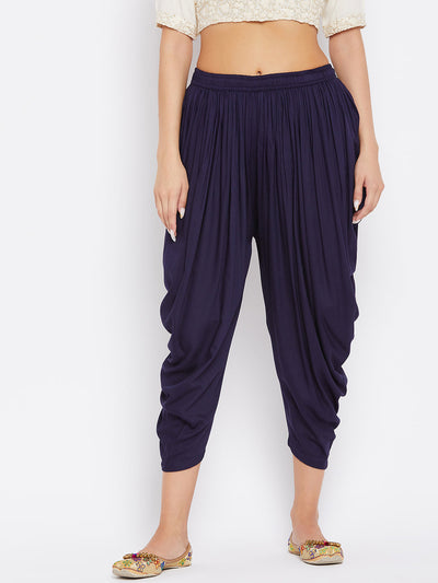 Navy Blue Rayon Dhoti Salwar with elasticated waistband and solid pattern.